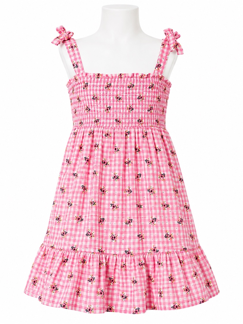 Tucker + Tate Girls Pink Gingham Floral Smocked Dress 3T